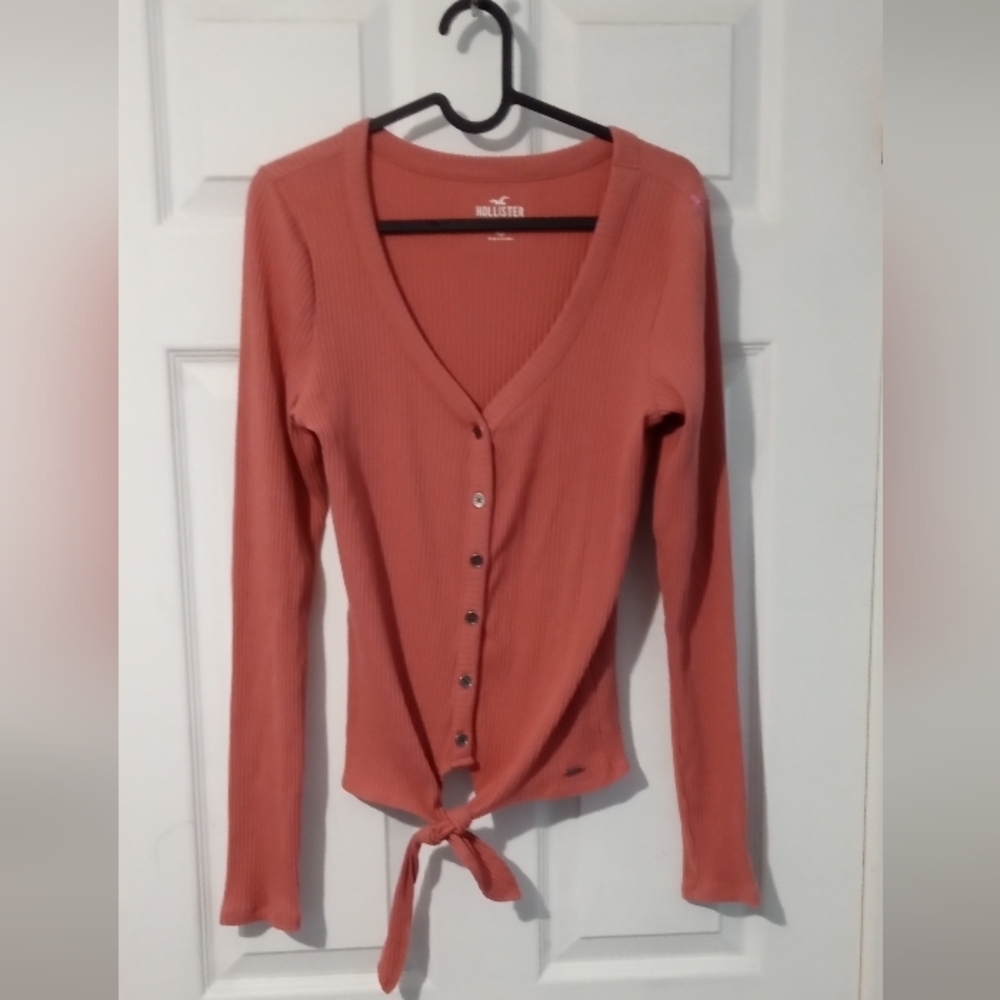 Hollister Coral Long Sleeve Tie Front Blouse